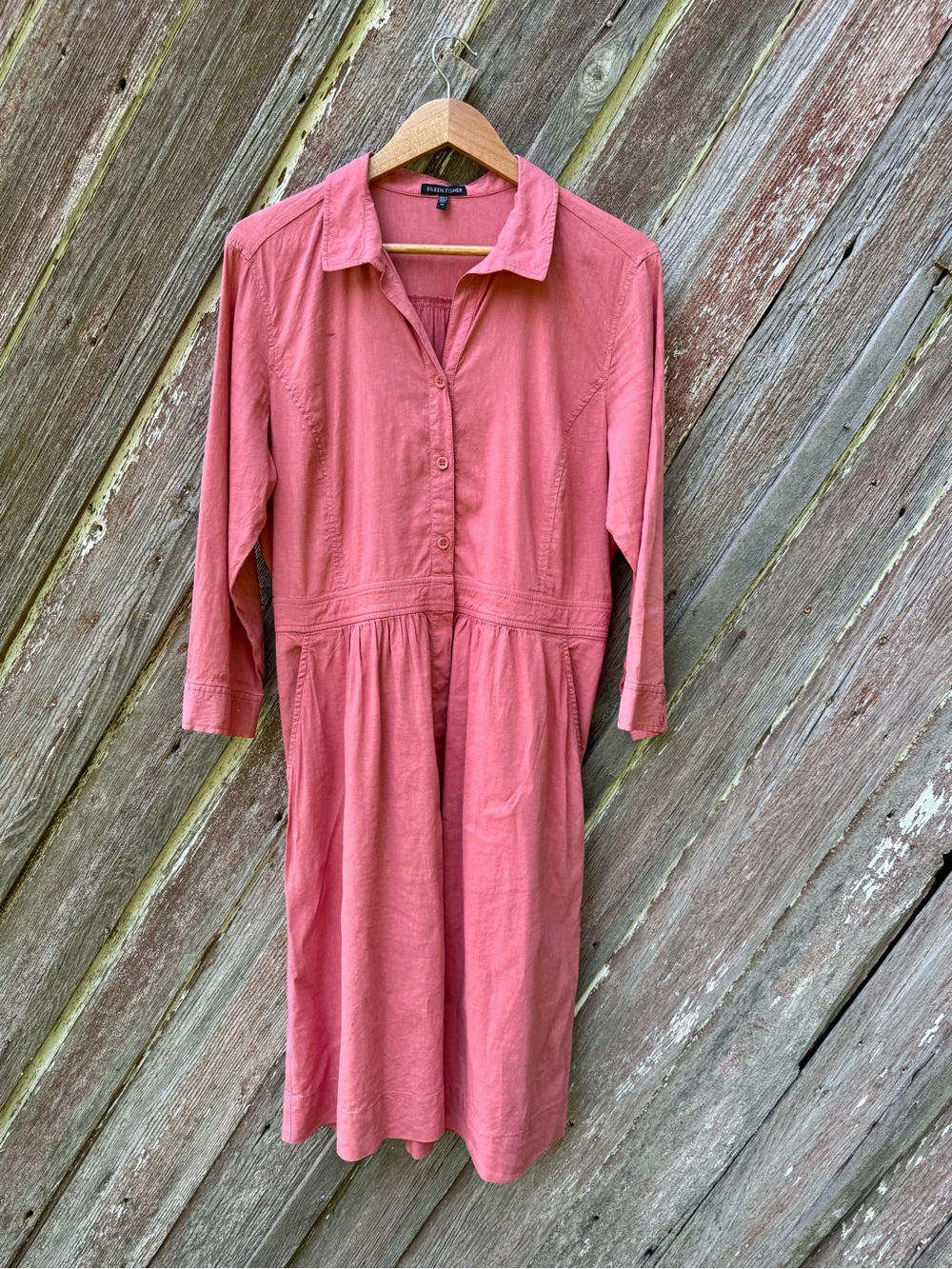 Eileen Fisher Linen Blend Coral Midi Shirt Dress Pockets Size M